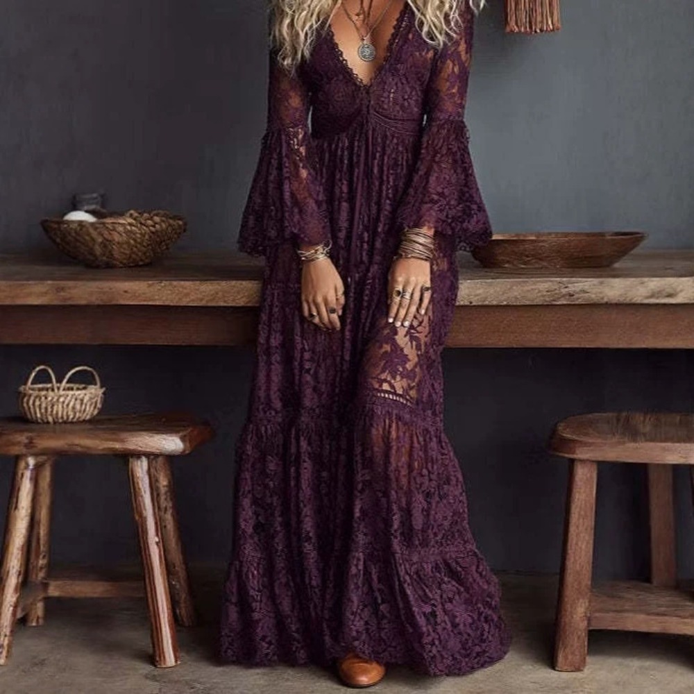 Robe longue élégante en dentelle pour femme, col en V, taille haute, manches longues, style bohème, transparente en maille, décontractée, pour les vacances et les soirées