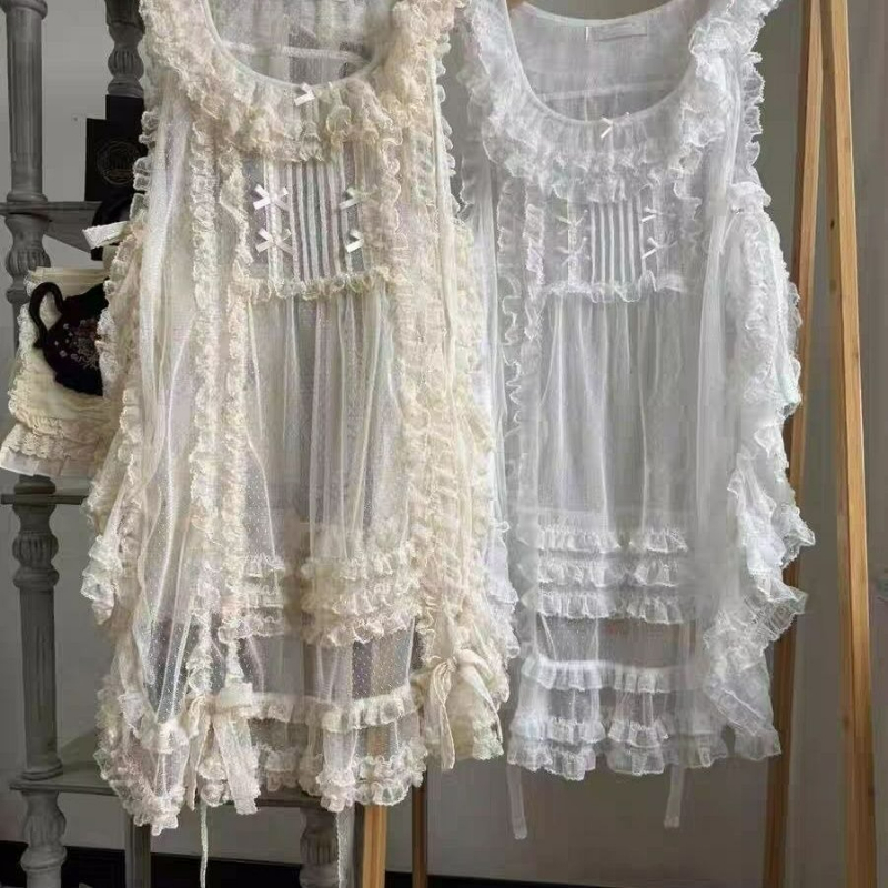 Robe de style japonais pour femmes, style Kawaii, avec nœud, col carré, en maille, à volants, robe cache-cœur, pour filles, style Y2K, mignonne, sans manches, Lolita, Smock