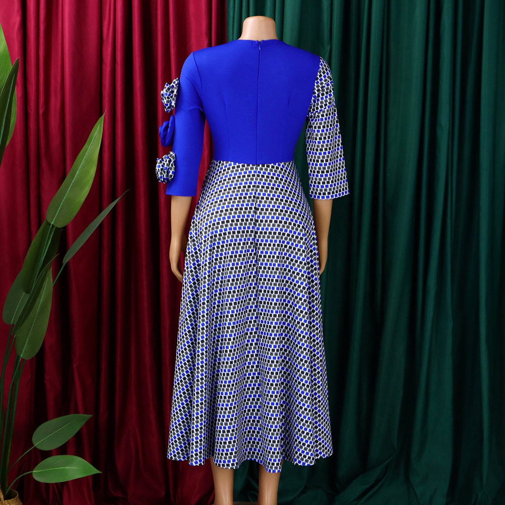 Robes élégantes pour femmes, mode africaine, manches 3/4, fête d'anniversaire, nouvelle Robe Chic à carreaux de fleurs 3D, Robe de soirée trapèze, automne 2025