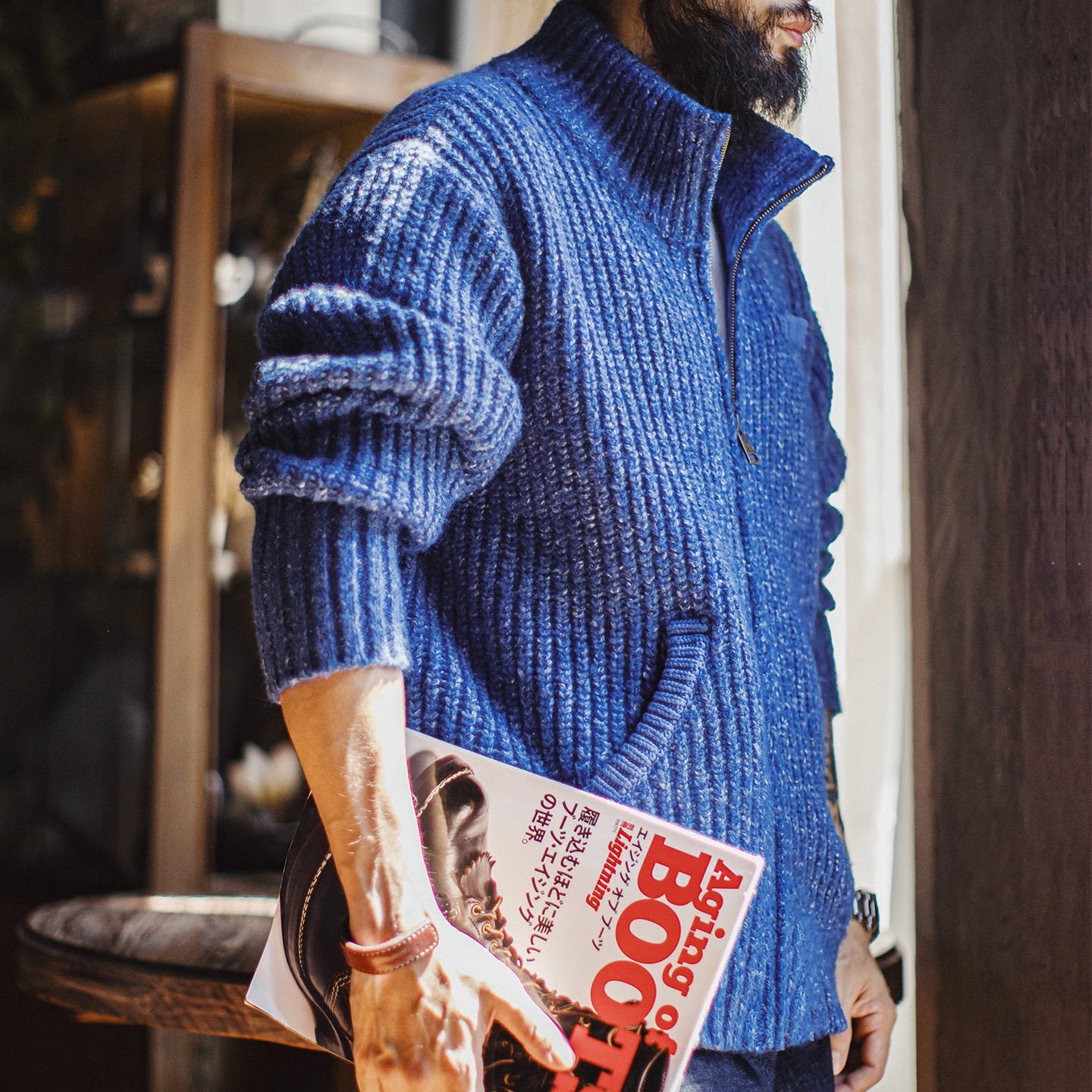 Maden décontracté bleu tricot Cardigan épaissi col haut thermique laine mélange chaud pull manteau pour hommes hiver Vintage veste à glissière