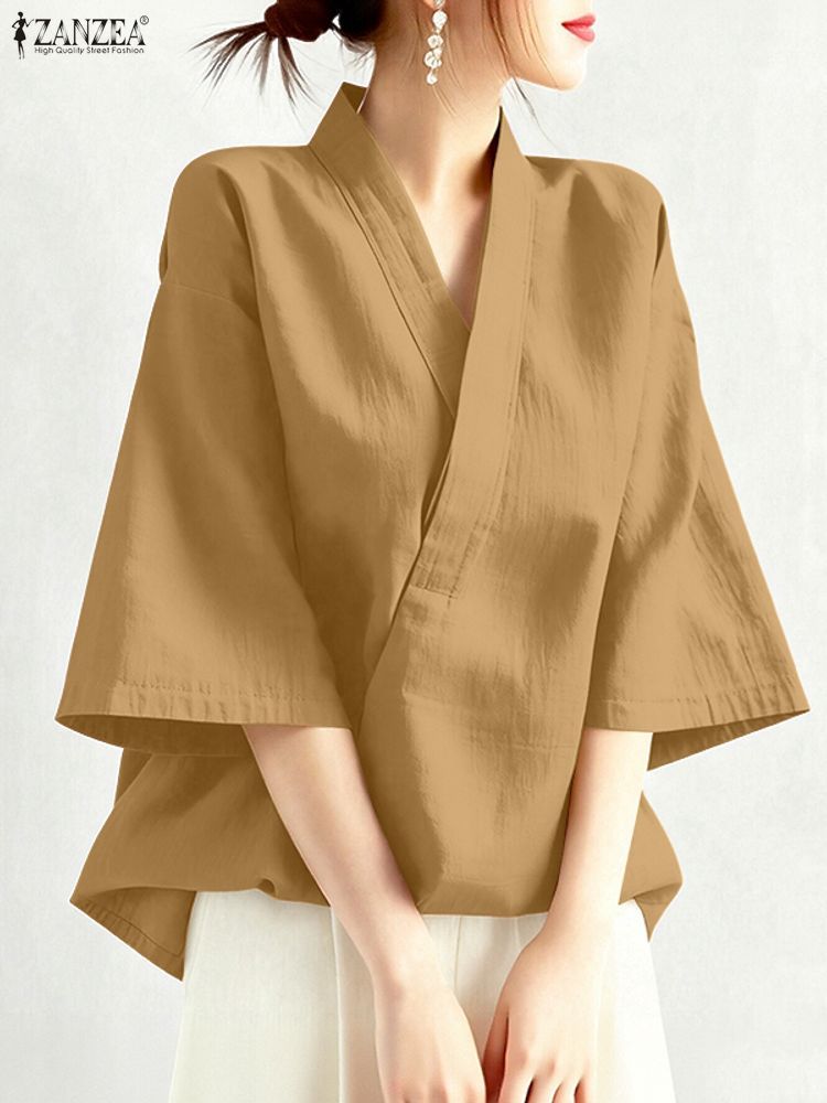 ZANZEA femmes Blouse tendance 2025 été croix col en V demi manches hauts solide ample travail tunique Style chinois Kimono chemises surdimensionnées