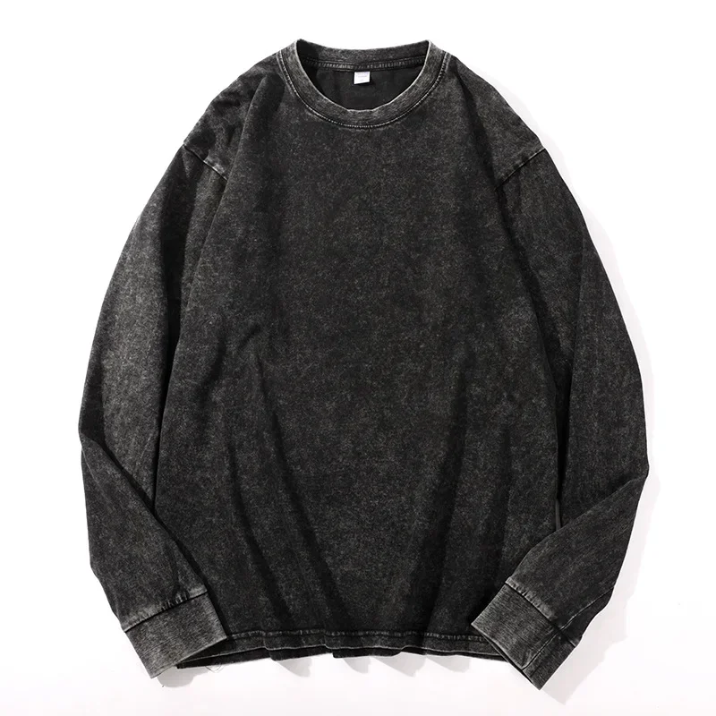 T-shirt à manches longues 100% coton pour hommes et femmes, style américain vintage, col rond, coupe ample, vêtements pour hommes, automne