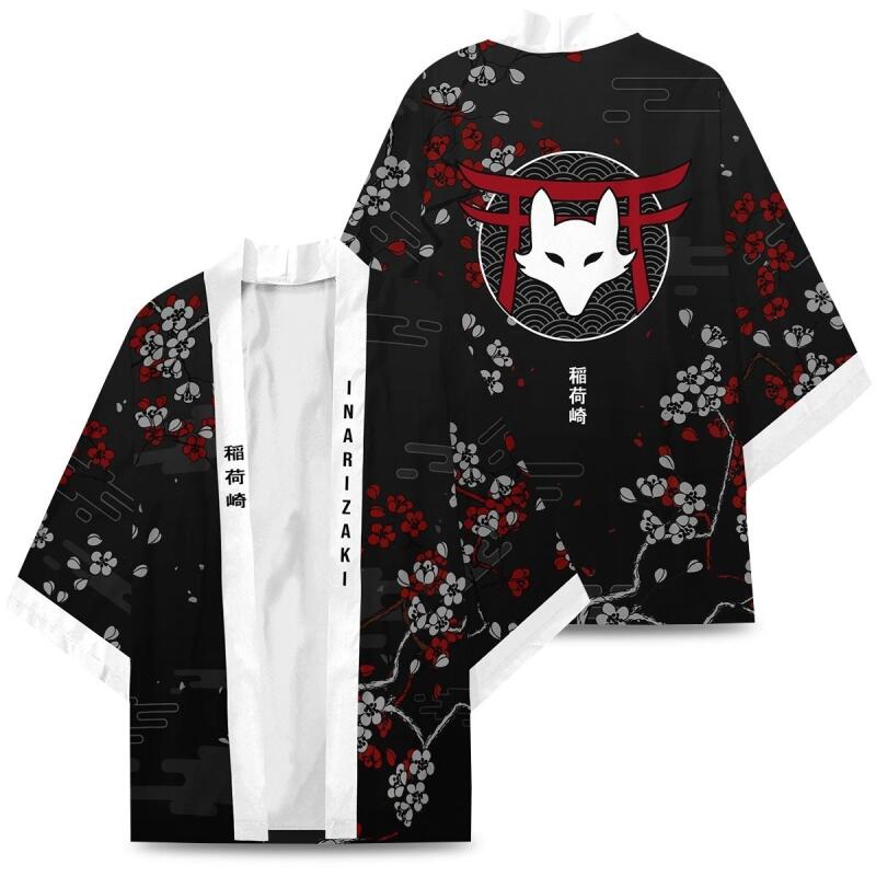 Kimono japonais imprimé renard Inari pour hommes et femmes, Costume traditionnel asiatique d'été Yukata Haori, Cardigan à fleurs rouge, Costumes de Cosplay