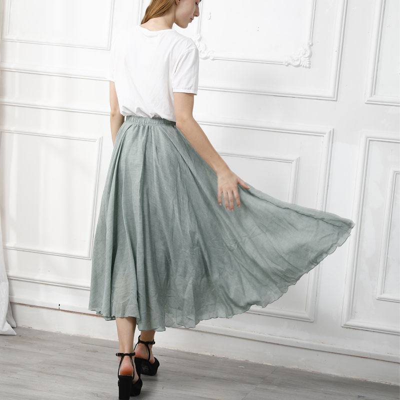 Jupe Maxi en coton et lin pour femmes, tenue de plage décontractée, taille haute, plissée, ligne a, style Boho
