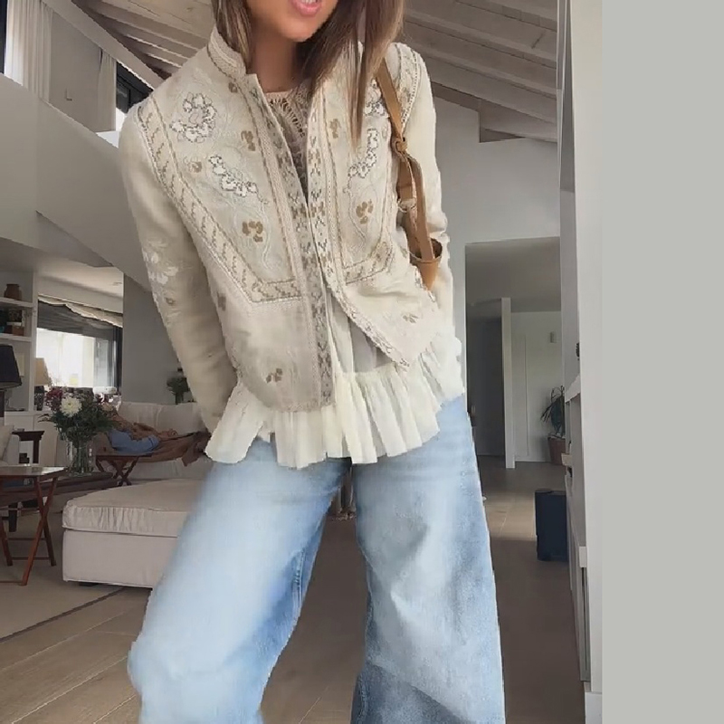 Manteau court élégant pour femme à col montant et manches longues, broderie florale vintage, veste décontractée pour rendez-vous