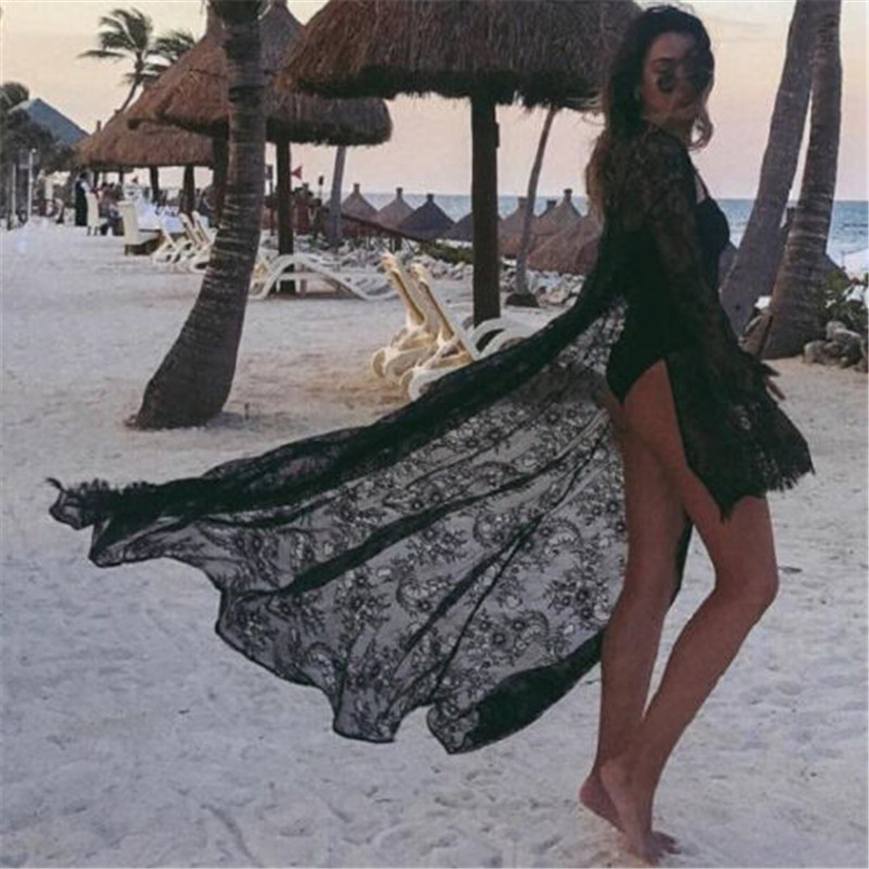 Robe de plage d'été pour femme, longue tunique de plage en crochet, vêtements de plage blancs et noirs en dentelle pour les vacances d'été