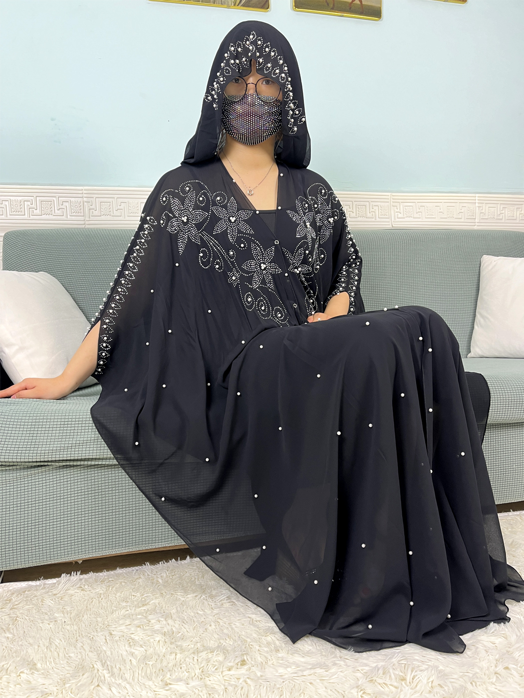 Abayas Ouverts Musulmans pour Femmes, Ensemble de Perles en Mousseline de Soie, Diamants, Dubaï, Ensembles de Vêtements de Prière Islamique, Robe Boubou Africaine à Capuche, 2024