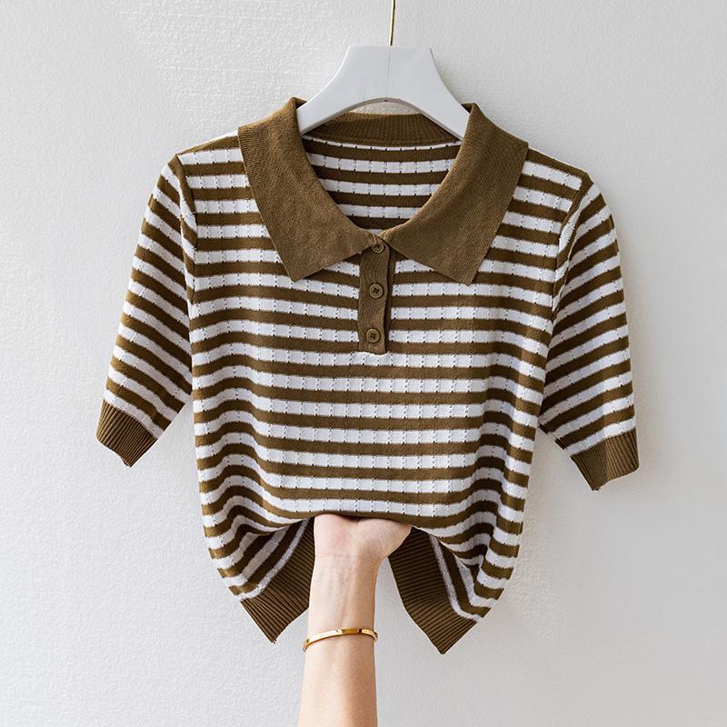 Pull à manches mi-longues en soie glacée pour femme, haut d'été à revers court rayé, à la mode, haut de gamme, Polo