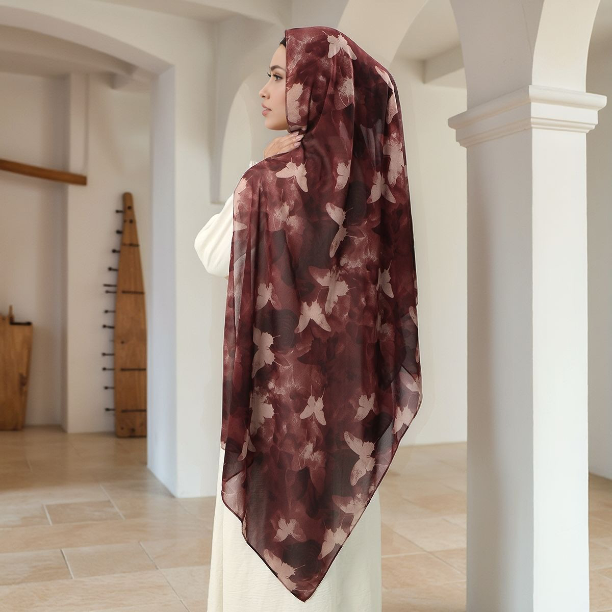 Foulard Hijab en mousseline de soie imprimé papillon pour femme musulman Hijabs châle mode longues enveloppes impression bandeau ethnique Islam Turban