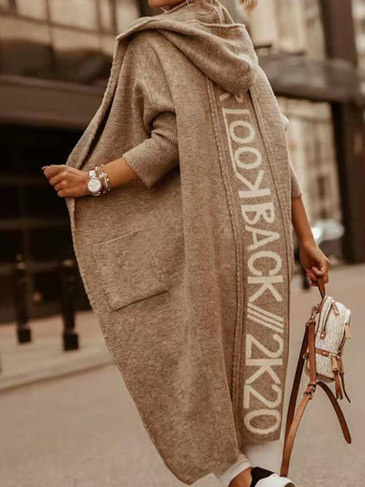 Cardigan à Capuche et Manches sulfpour Femme, Pull Long avec Poches et Lettres Imprimées, Streetwear Décontracté, Collection Automne Hiver 2025