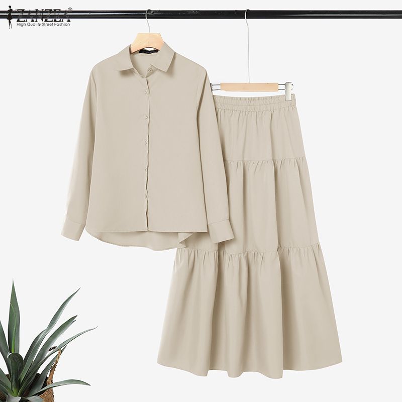 ZANZEA - Tenues modestes pour femmes hijabées - Ensemble jupe et chemise à manches longues - 2 pièces - Tenues quotidiennes décontractées musulmanes islamiques