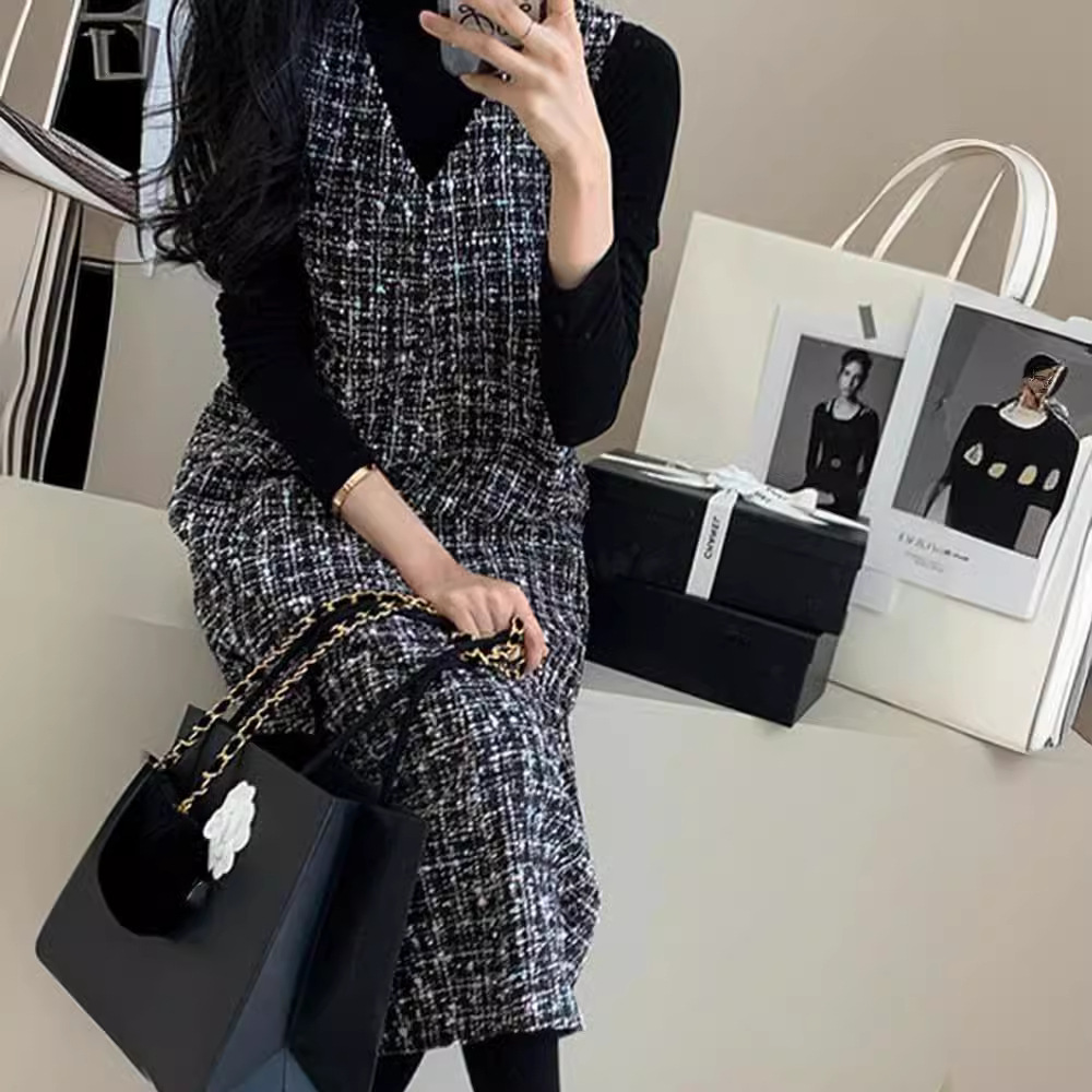Robes en Tweed pour femmes, col en V japonais, paillettes assorties avec tout, mode coréenne, vêtements chics, automne 2026