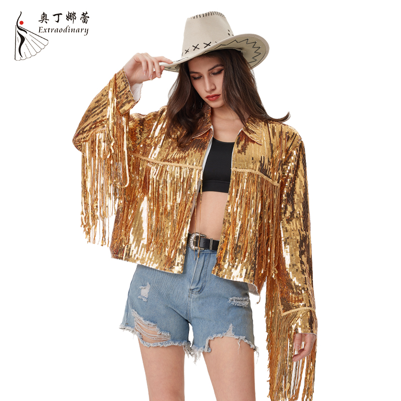 Veste à Paillettes à Manches sulfpour Femme, Punk, Pampille Scintillante, Revers, Ouvert sur le Devant, Blazer Gothique, Fille, CombY2K