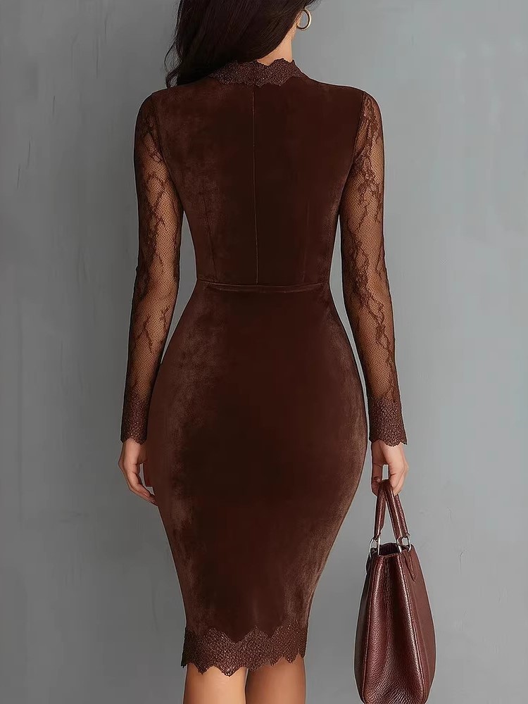 Robe mi-longue en velours pour femmes, élégante, en dentelle, à manches longues, ajourée, moulante, nouvelle collection automne-hiver, robe de soirée formelle, style crayon.