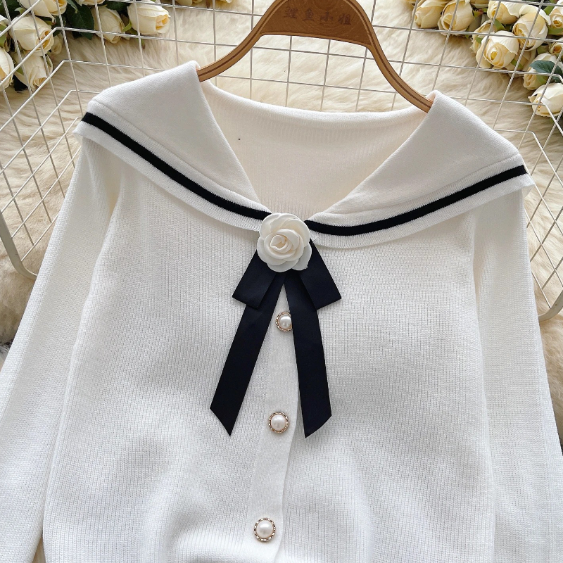 Pull à manches longues pour femme, Cardigan tricoté à col marin avec nœud de Style coréen, à la mode, col rond, simple boutonnage, automne hiver