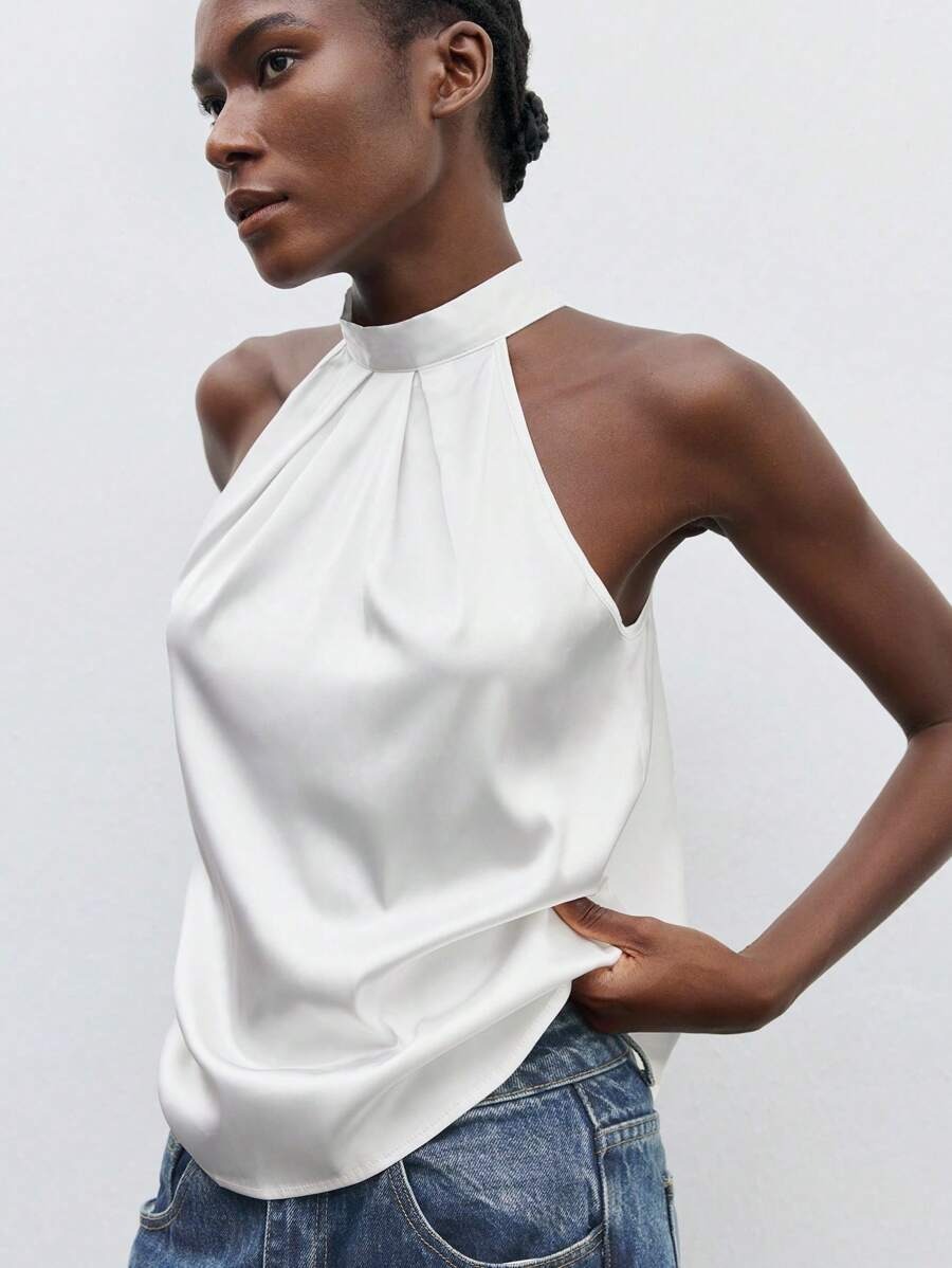 Femmes haut court mode Satin licou Camisole été élégant débardeur gilet femme Streetwear avant Sexy dos nu fête Clubwear