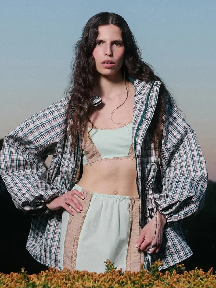Manteau décontracté à capuche en dentelle à carreaux pour femme, simple boutonnage, manches longues, fermetures éclair, coupe ample, mode printemps automne 2026