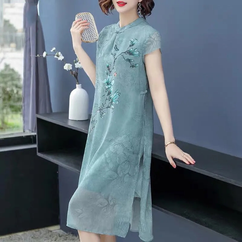 Robe longue en mousseline de soie pour mère, robes Cheongsam, robe éducative, grande taille, 4XL, femme d'âge moyen, noble, mode, nouveau, été, 5XL