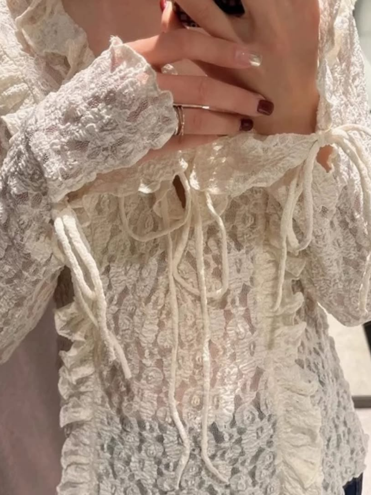 Dentelle à volants femmes petit haut plissé couches à lacets nœud col en v à manches longues maille voir à travers élégant Baggy court Blouse pull