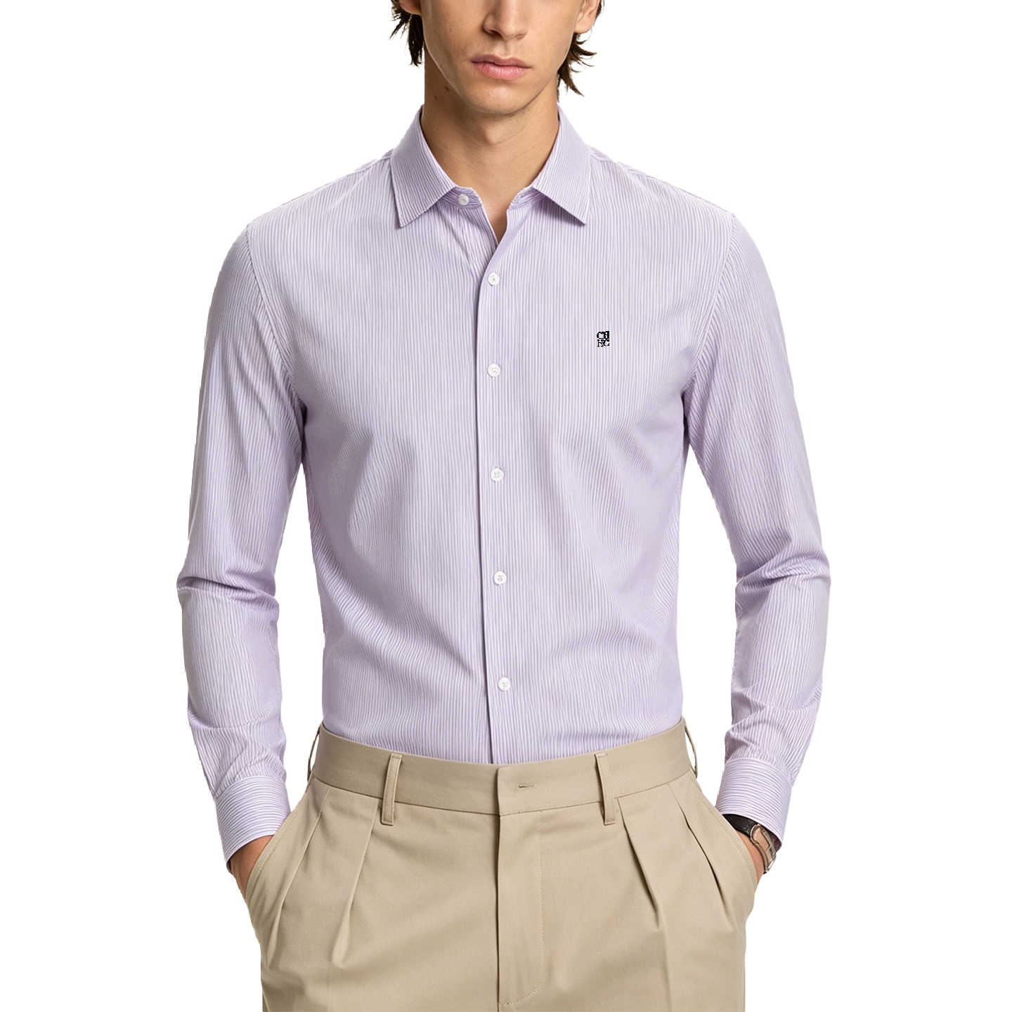 Chemise à manches longues pour homme CH - Style business décontracté - Avec logo de marque brodé - Convient pour le port quotidien au bureau
