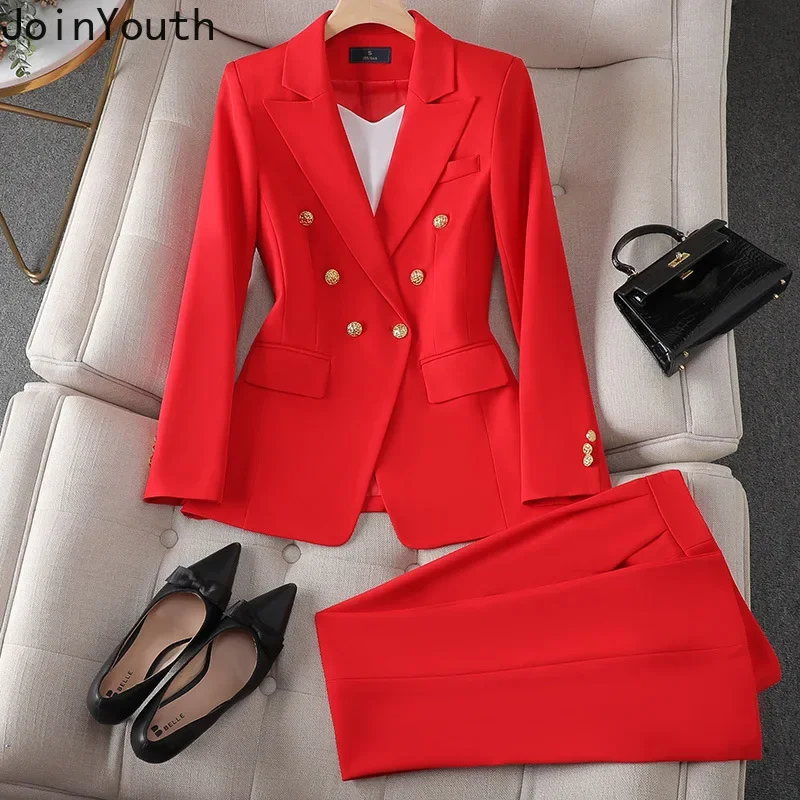 Ensemble élégant 2 pièces pour femmes, vêtements Blazer à Double boutonnage, manteau, taille haute, pantalon droit, costume coréen, tenues de bureau