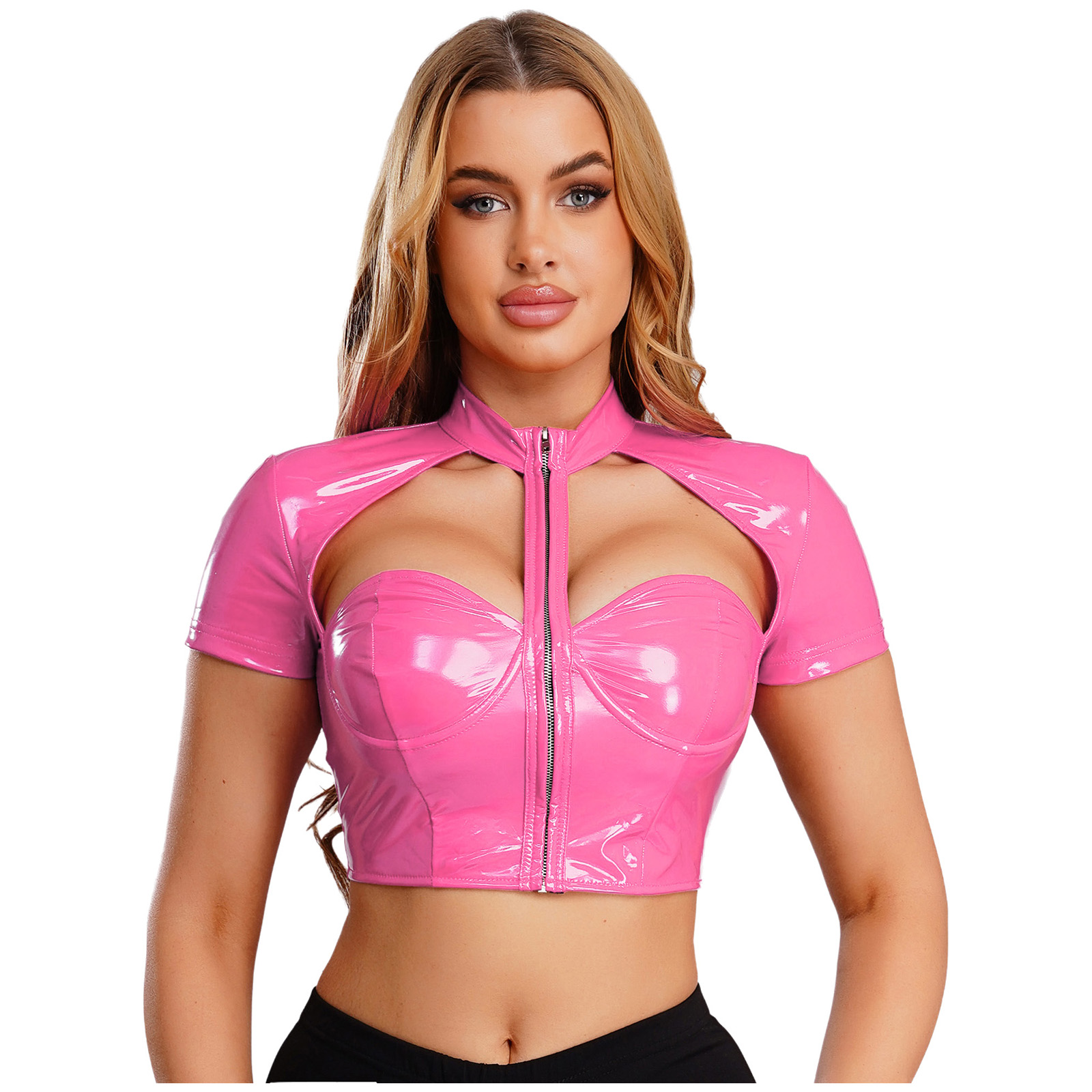 Haut court en PU pour femmes, Look mouillé, push-up, à armatures, découpe, col montant, manches courtes, fermeture éclair sur le devant, haut court brillant, look mouillé, Clubwear