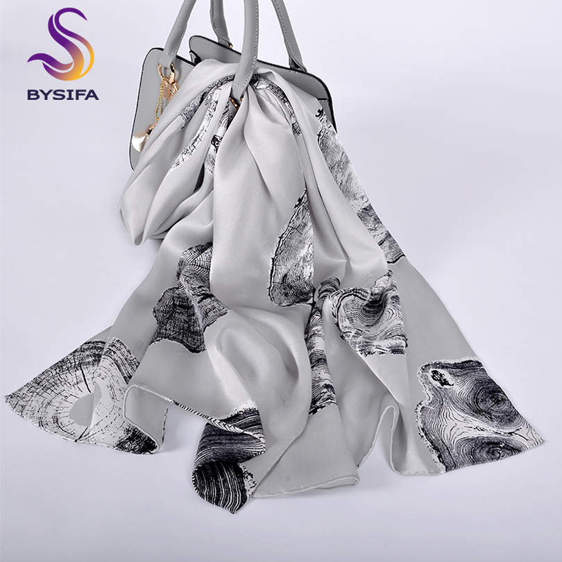 BYSIFA – écharpe en soie bleue et blanche pour femme, châle Long, Design pivoine, écharpe de marque, 100% soie, 175x52cm, printemps