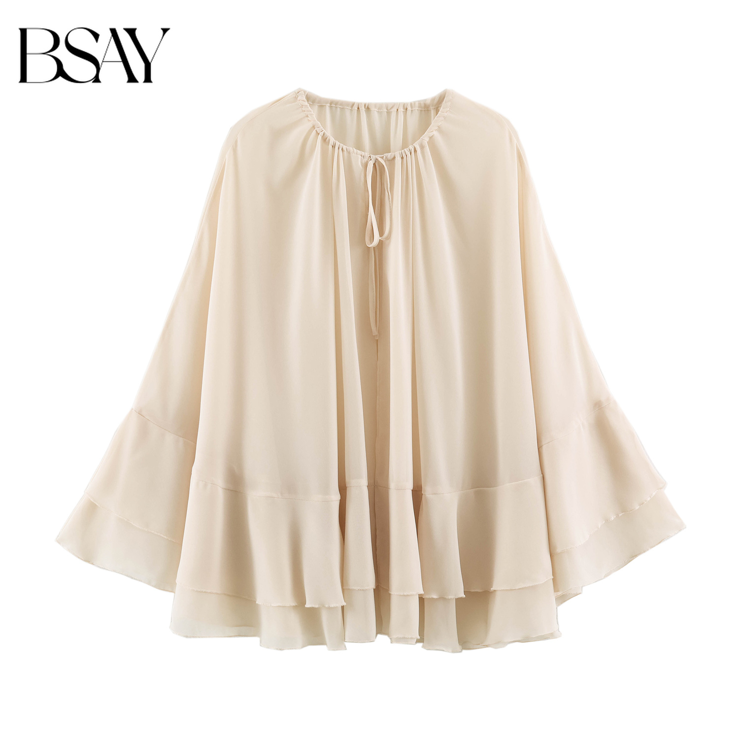 BSAY 2026 Cardigan d'été bohème transparent à volants pour femme avec cordon de serrage au col et manches cloche évasées, cape de plage et châle