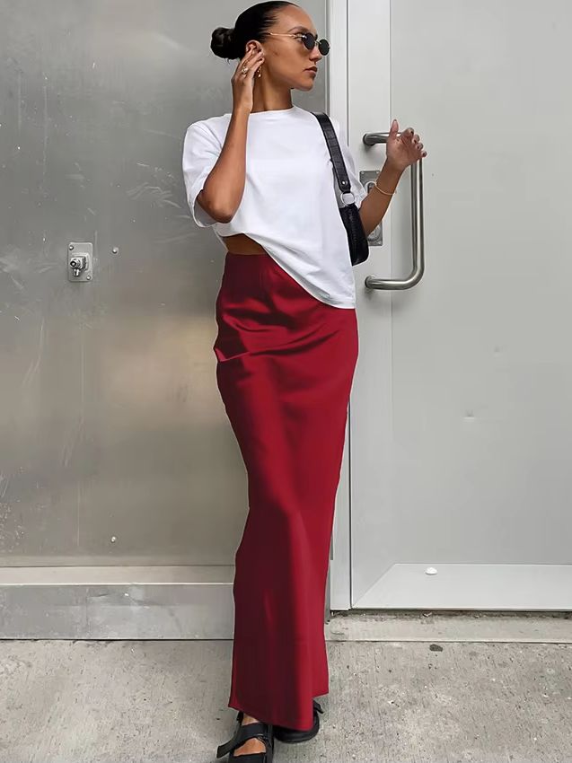 Jupe mi-longue en satin de soie simulée pour femme, style décontracté européen et américain, jupe enveloppante pour la mode transfrontalière