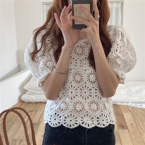 Chemisier à manches bouffantes au crochet amissié pour femme, chemise d'été, pull court, haut à la mode